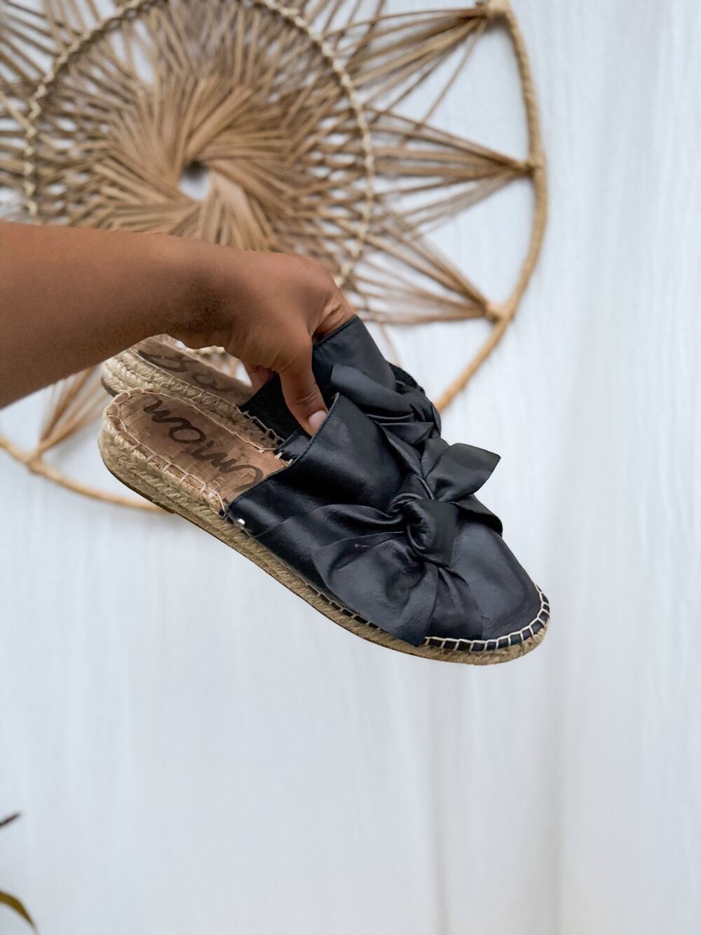 Sam Edelman Lynda Black Leather Knotted Bow Slip On Espadrilles Mules Women Sz 8